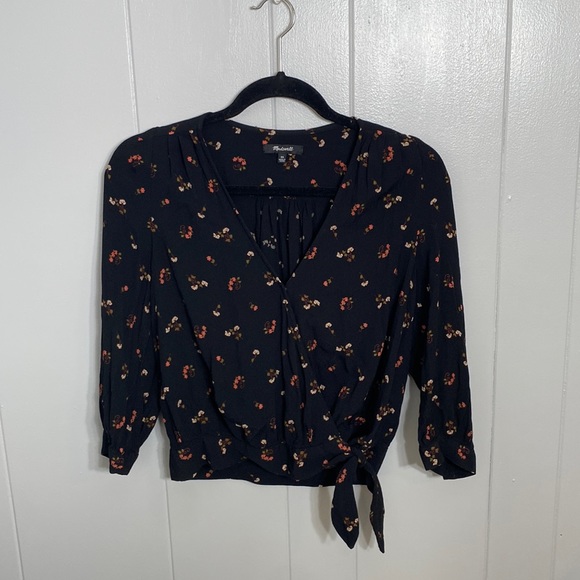 Madewell Women’s Flowy Long Sleeve Black Floral Blouse Top Size XS - Picture 1 of 12